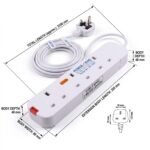 3 Gang Extension Lead 3 Metre UK Plug Socket with Overload Protection White - Image 2